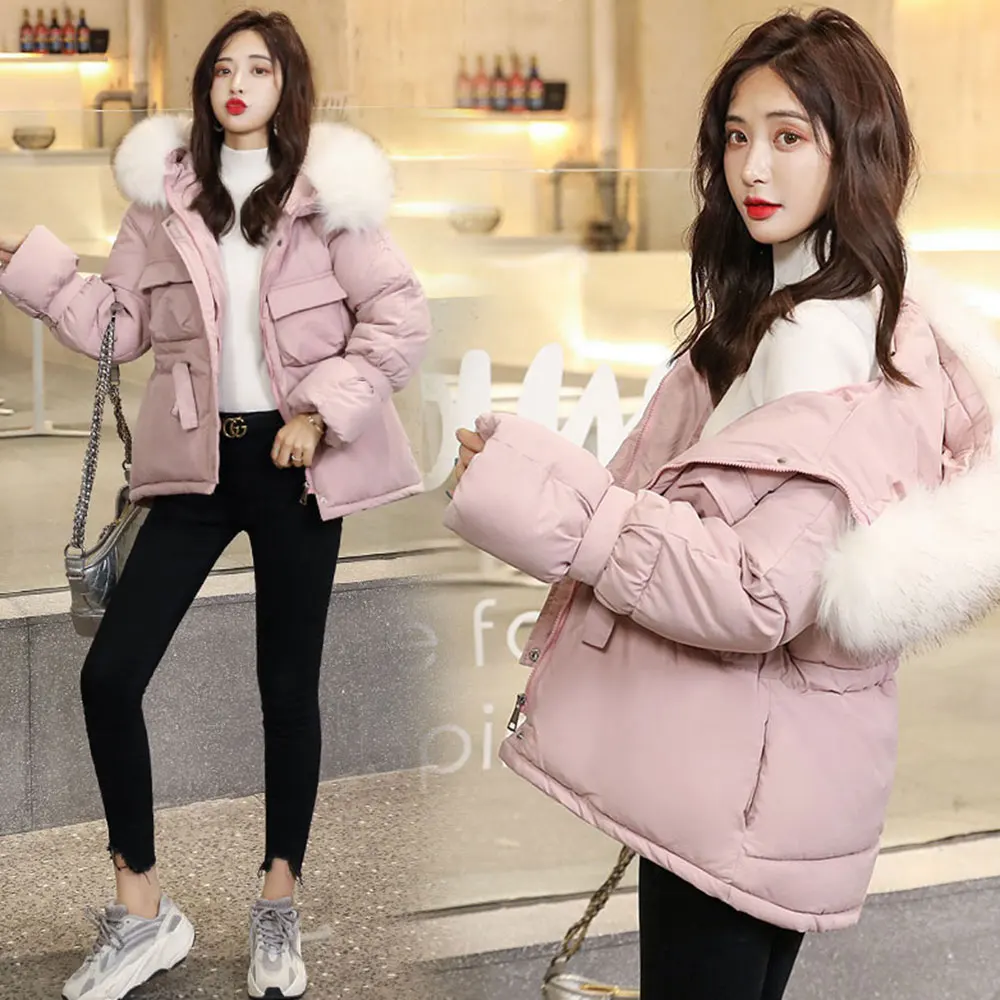 Vielleicht/ новые корейские меховые куртки с капюшоном, парки, зимняя куртка для женщин, короткий стиль, с завязками, теплое плотное тонкое зимнее пальто для женщин - Цвет: Розовый