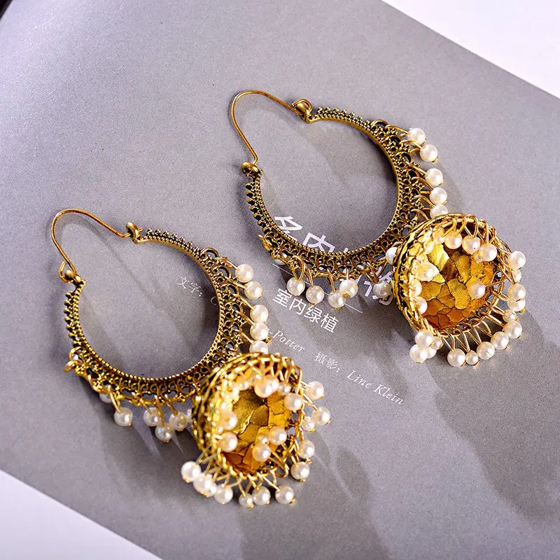 OIQUEI, индийская Jhumka, ювелирное изделие,, модные жемчужные кисточки, богемные, винтажные, серебряные, большие, круглые колокольчики, висячие серьги для женщин