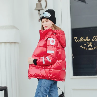 ZURICHOUSE Зимний пуховик для женщин, модная блестящая парка с капюшоном с буквенным принтом, Женская пуховая куртка, теплые стеганые куртки - Цвет: Red