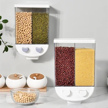 

2L Kitchen Whole Grains Cereal Dispenser Divided Sealed Storage Tank 2 Grids Wall-Mounted Food Storage Containers
