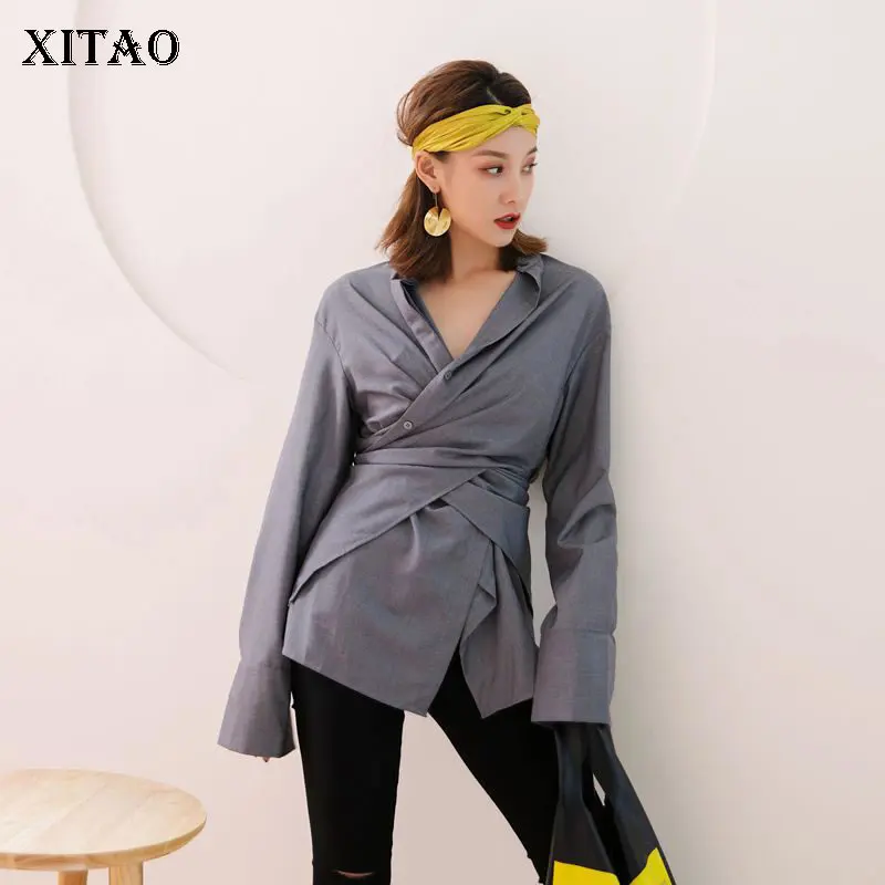 XITAO/тонкая женская блузка в Корейском стиле; модная новинка года; Осенняя Повседневная рубашка с воротником-стойкой в стиле «богиня» в стиле пэчворк; WQR1650