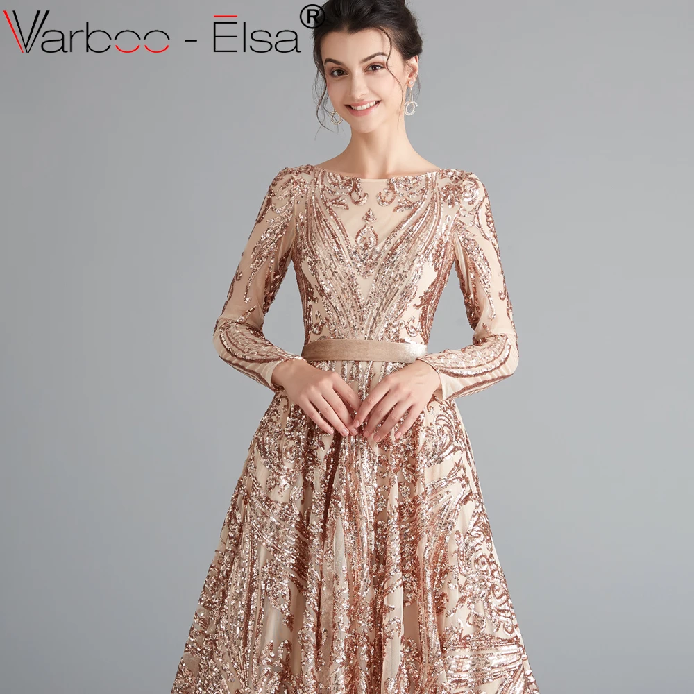 VARBOO_ELSA Формальные Вечерние платья цвета шампана Длинные Сексуальные с открытой спиной расшитые блестками А-силуэта вечерние платья длиной до пола женское платье длинное