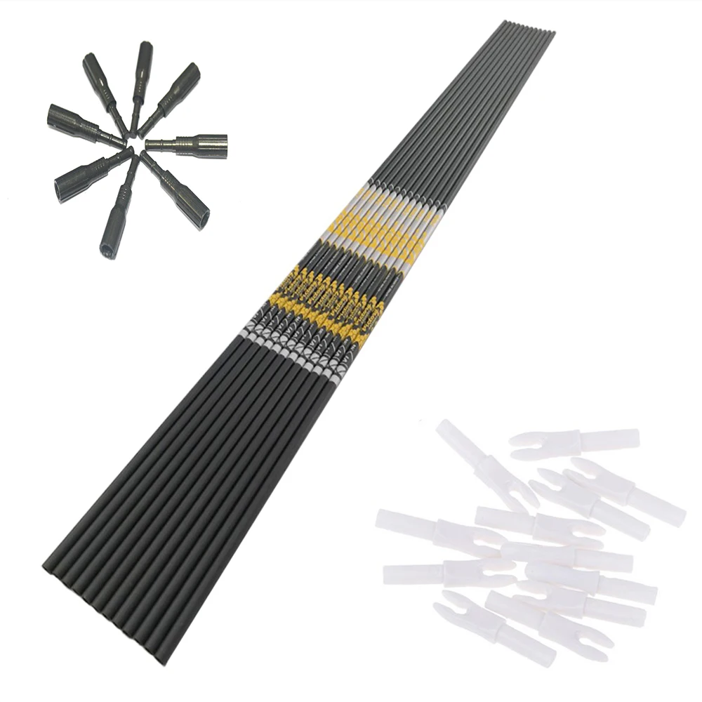 

12pcs Archery carbon arrow shaft spine350 400 500 600 700 800 900 ID4.2mm+12pcs arrow nock+12pcs arrow insert for DIY hunting