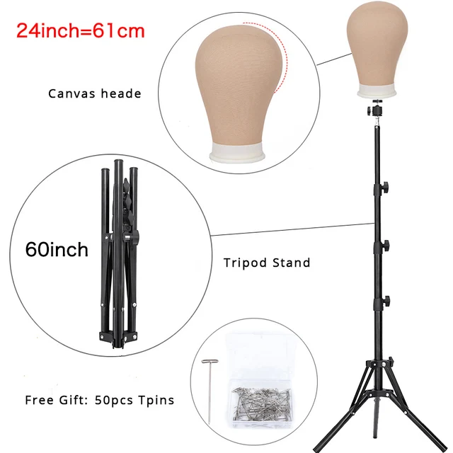 Alileader New 152Cm/64Cm Wig Stand Wig Tripod With Mannequin Canvas Block Head Adjustable Tripod Stand Wig Making kit TPins Gift 24inch xitou black