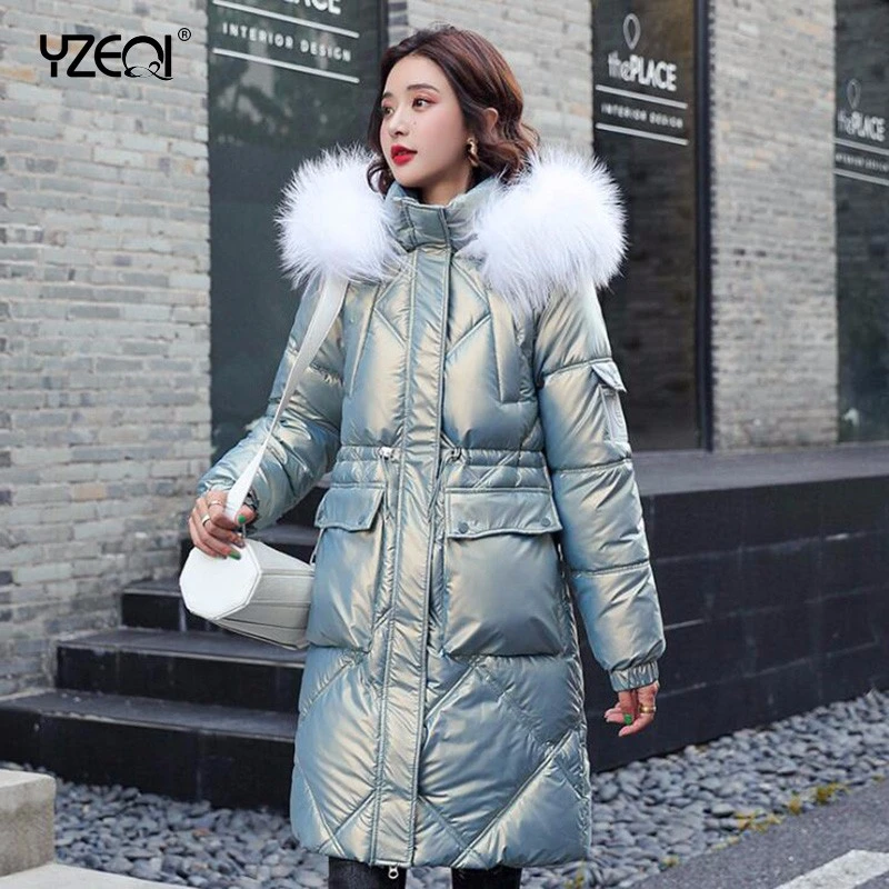 womens parka coat Yzeqi  2021 Fashion Winter Jacket Down Parkas Women Fashion Hooded Fur Collar Cotton Padded Jackets Thick Warm Glossy Long Thick maxi puffer coat