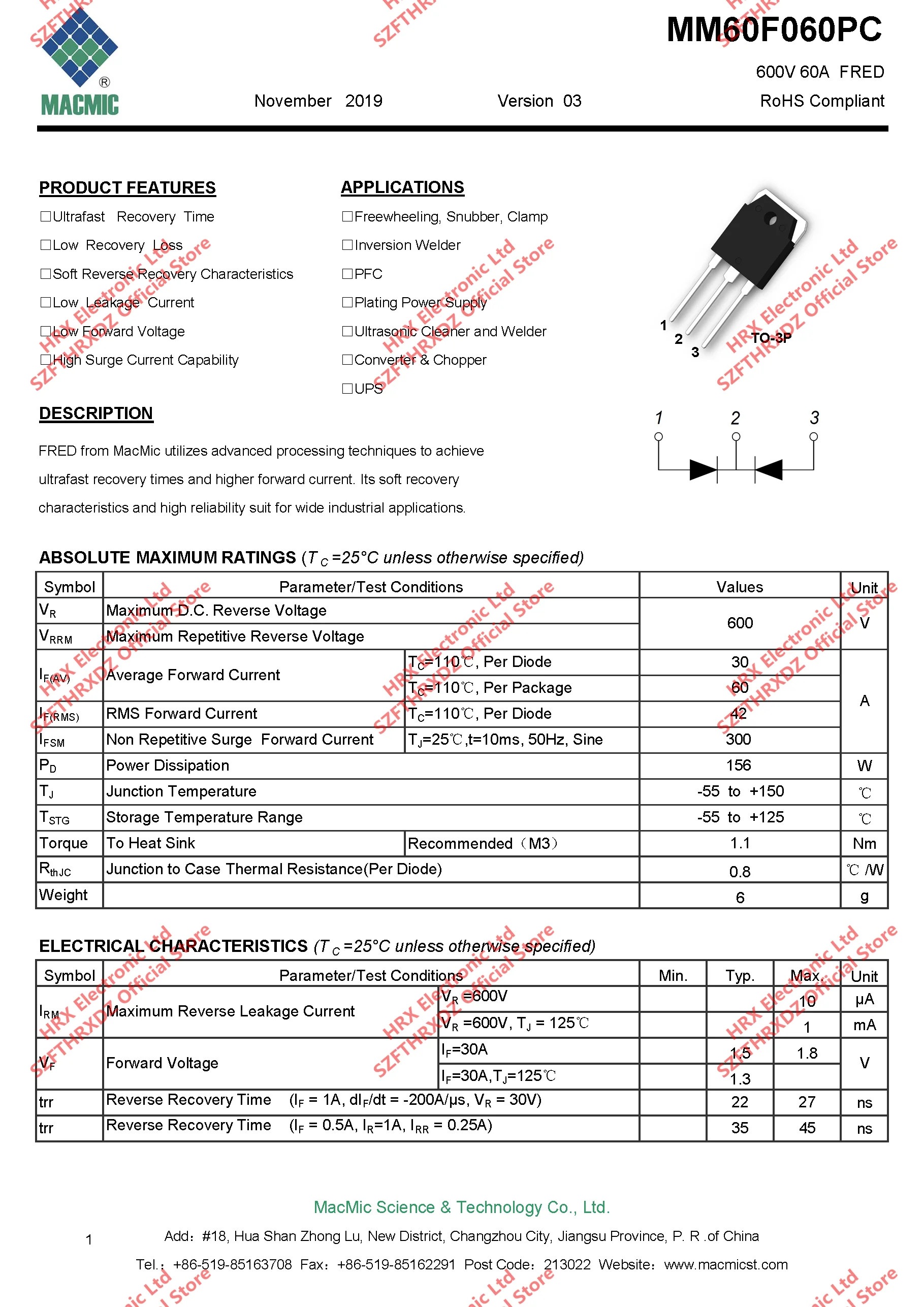 MM60F060PC TO-3P MM60F060 TO3P быстрое восстановление диод 60A 600V 30 шт/трубка(30 шт