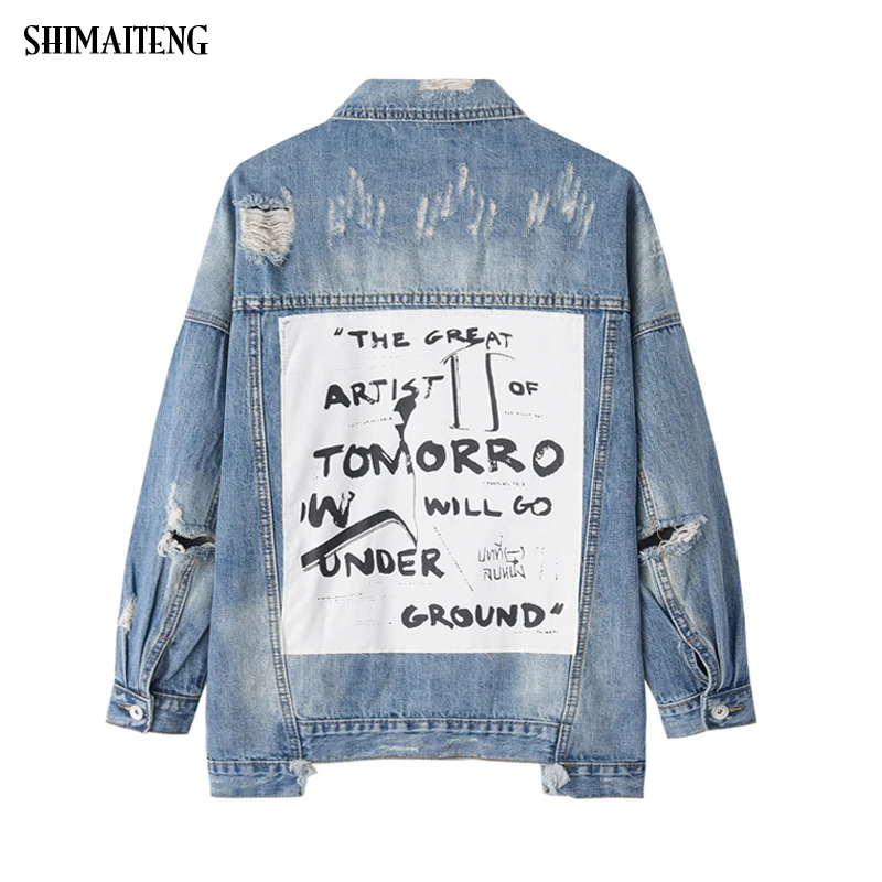 

2020 Spring Basic Coat Bombers Vintage Fabric Patchwork Denim Jacket Women Cowboy Jeans Frayed Ripped Hole Jean Coat Jacket Tops