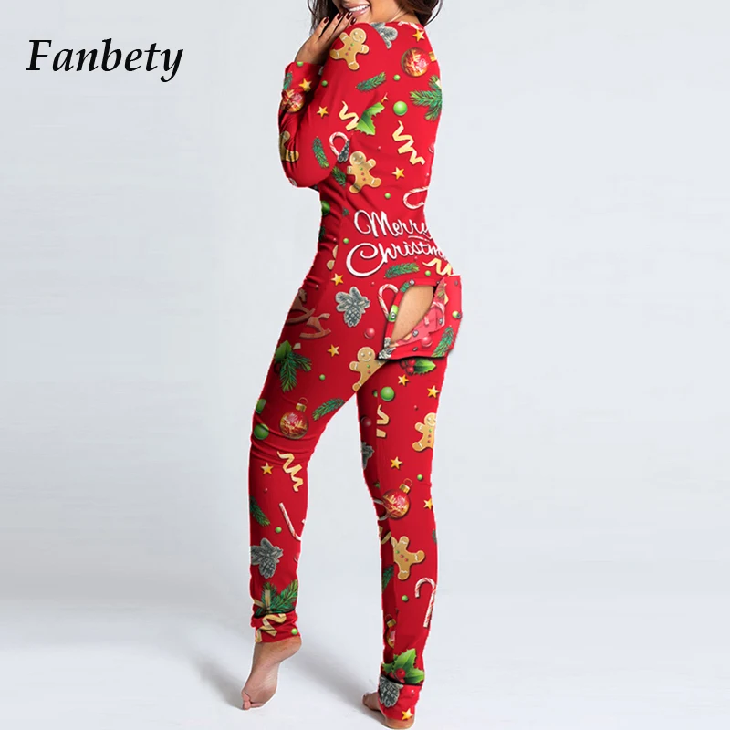 

New Christmas Animal Print Jumpsuit Women Casual Long Sleeve Button-down Front Functional Buttoned Flap Adults Playsuit Pajamas