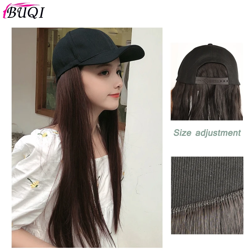 

Fashion Hat Integrated Wig Suitable Party Wig Black Brown Long Straight Synthetic High Temperature Hair BUQI