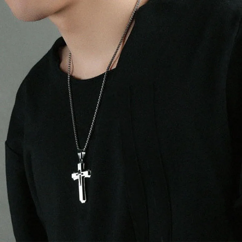 Punk Men Fashion Mens Boys Gold Stainless Steel Cross Pendant Necklace Drop Shiping