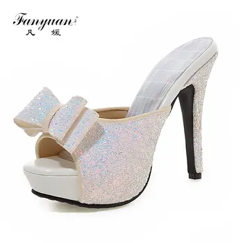

Fanyuan Large Size 33-43 Peep Toe 12cm High Heels Women Shoes Pumps Woman Sexy Bling Upper Platform Bride Mules Shoes Woman
