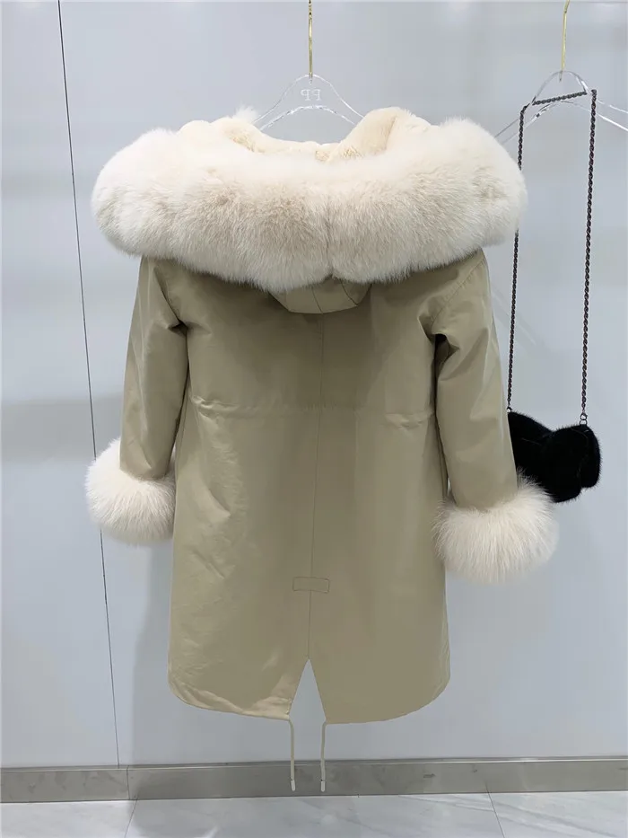 KHAKI Новая зимняя Длинная женская куртка с большим воротником из лисьего меха, парки с капюшоном, настоящая подкладка из кроличьего меха Рекс, плотное пальто - Цвет: KHAKI