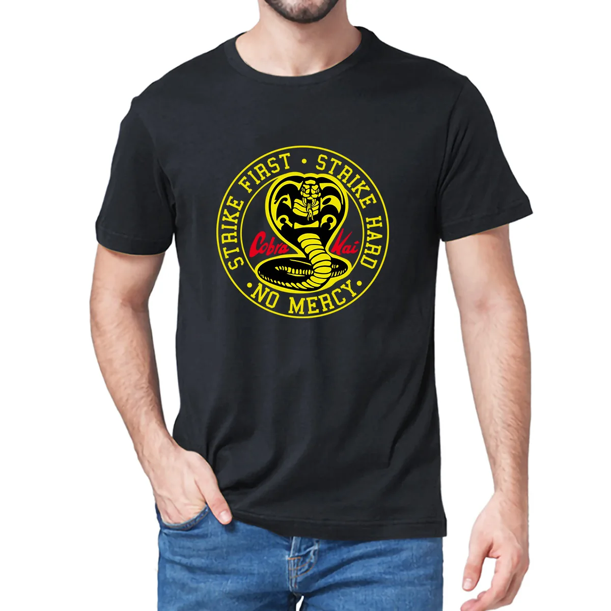 Unisex 100% de Cobra Kai No misericordia atacar primero duro. 80s Karate chico hombres película camiseta de regalo de las mujeres de tee