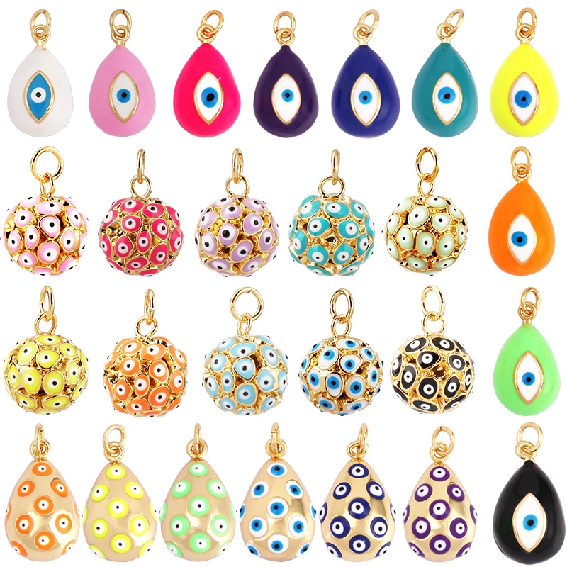 Evil Eye Tropfen-Emaille-Charm, neonrosa, orange, türkis, blaues Öl, tief ausgeschnitten, echt vergoldet, Halskette, Armband, Anhänger M09 M93