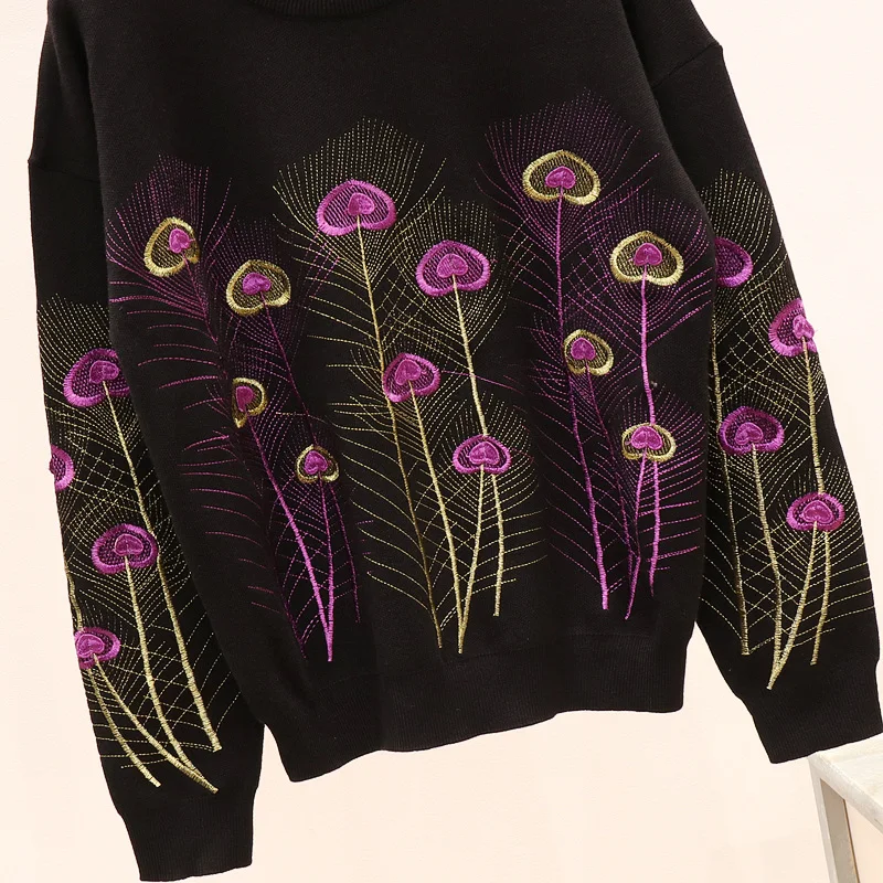Новая мода женский комплект 2 шт. свитер вышивка цветок трикотажные пуловеры+ повседневные штаны с низкой посадкой комплект из двух предметов s
