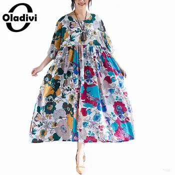 

Oladivi Plus Size Women Summer Casual Loose Cotton Linen Boho Dress Maxi Long Bohemian Dresses Ladies Tunics Female Vestidos 6XL