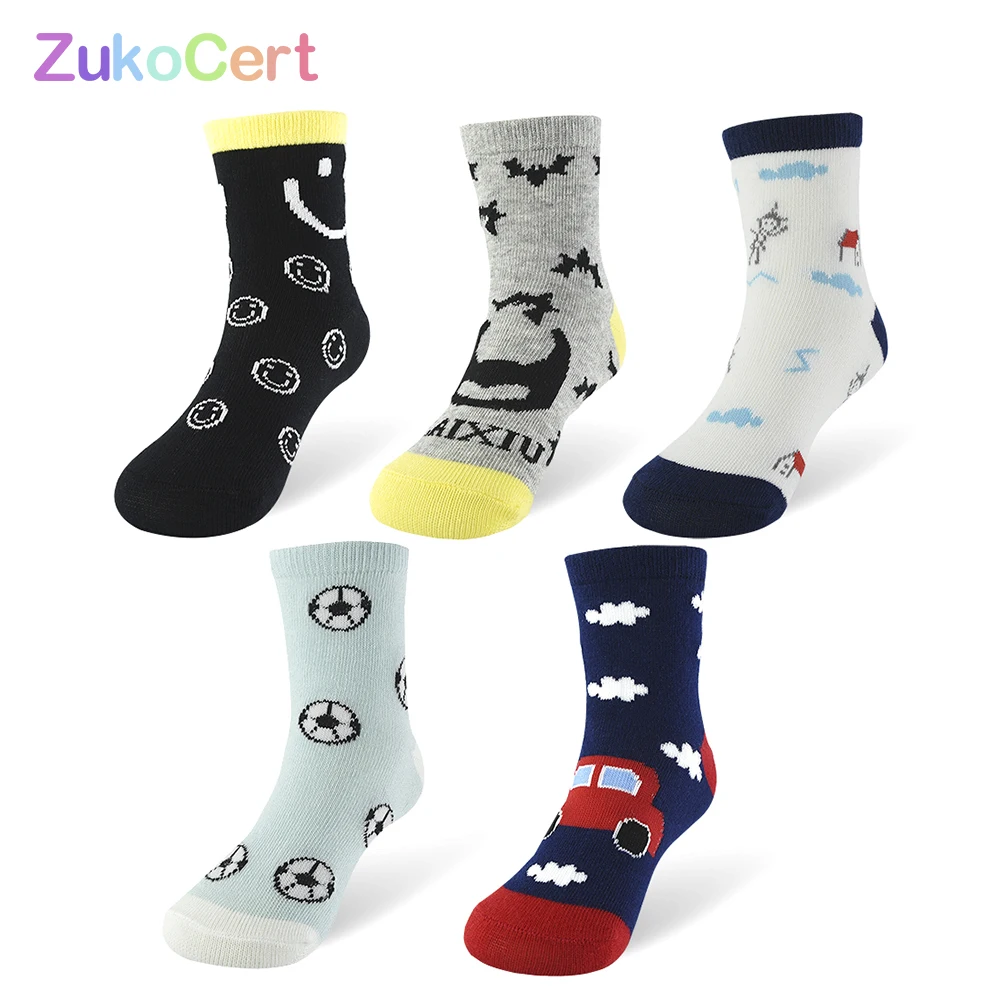 ZukoCert-Calcetines de algodón suave para niños y niñas, medias transpirables con patrón de dibujos animados para ropa de 1 a 10 años, 5 pares