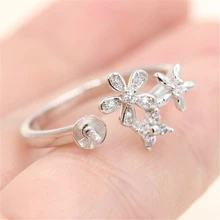925 Sterling Silver Flower Pearl Ring Moutings Women Handmade DIY Jewelry Findings Zircon Ring Settings Resizable Best Gifts