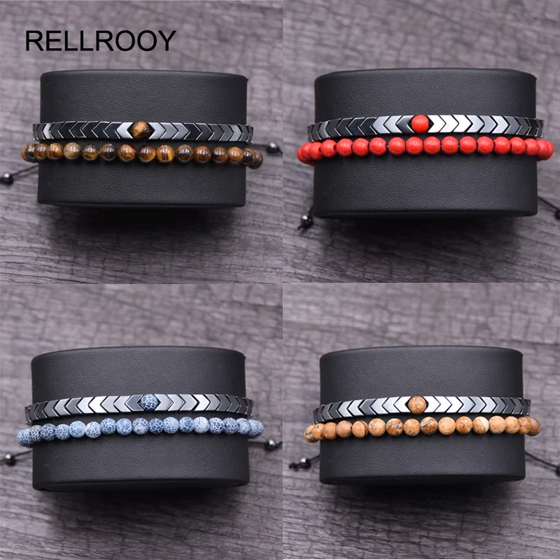 

Men's Set Hematite Bracelets European Weaving Mens Brading Macrame Bangle Punk Hiphop Cool Men Jewelry Gift Pulseira Masculina