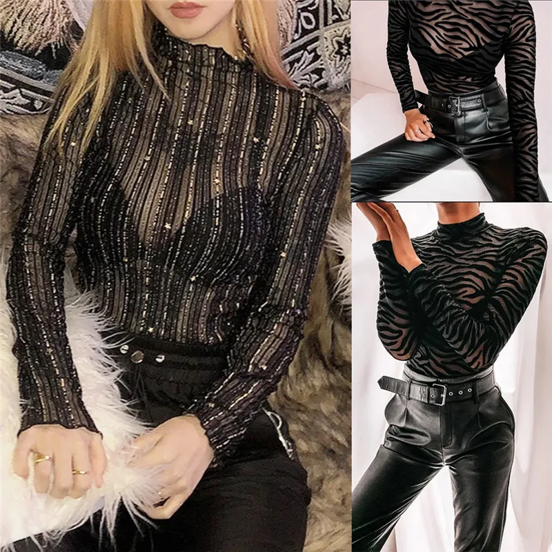 Women Sexy Mesh Striped See-through Bodysuit Jumpsuit 2020 Turtleneck Long Sleeve Bodycon Slim Black Bodysuit Clubwear Romper Women Sexy Mesh Striped See-through Bodysuit Jumpsuit 2020 Turtleneck Long Sleeve Bodycon Slim Black Bodysuit Clubwear Romper