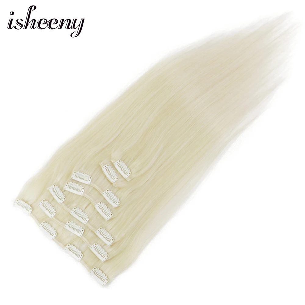 Волосы Remy для наращивания Isheeny 14 24 дюйма 7 шт./компл. 60 # Платиновые светлые прямые человеческие волосы|Пряди