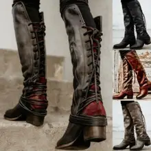 Sapato feminino/женские сапоги; Винтажная обувь до колена из искусственной кожи; Женская обувь в гладиаторском стиле с перекрестной шнуровкой; chaussure
