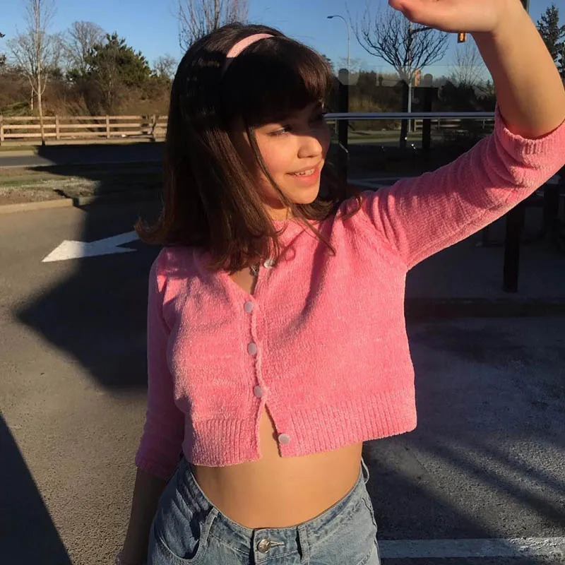 pink cardigans Harajuku бренд синель трикотажные кардиганы для женщин Ретро стиль джемпер с круглым вырезом Топы Осень однобортный Укороченный кардиган Femme - Цвет: pink cardigans