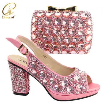 

High Quality Pink Color African Designer Shoes and Bag Set To Match Italian Party Shoes with Matching Bags Set with Rhinestone