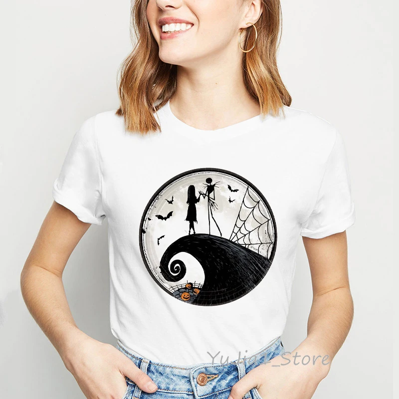 

Halloween shirt women horror movie nightmare before christmas t shirt femme Jack skeleton cartoon basic tshirt female white