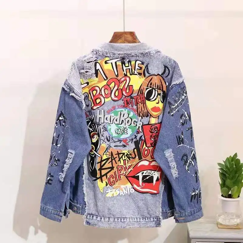 2919 новые осенние модные женские джинсовые куртки Harajuku граффити печати Изношенные с длинными рукавами джинсовая куртка девушки подростковые джинсы пальто