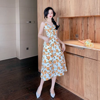 

Women Maxi Dress Floral Loose Sleeveless Dress V-neck Sling Long Party Dresses Summer Dresses