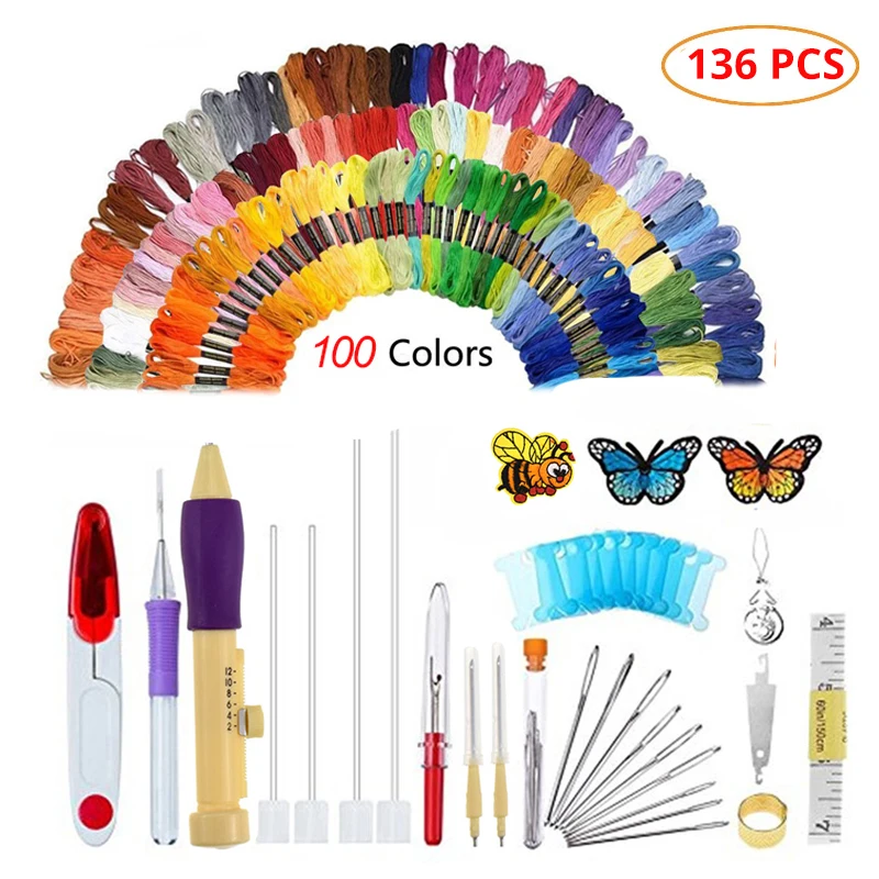Magic Embroidery Pen Punch Needle Kit 100 Colors Skeins Embroidery Threads Cross Stitch Floss DIY Knitting Sewing Accessory Tool (5)