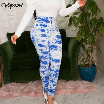 

Colorful Denim Print High Waist Pants Women Sweatpants Streetwear Fashion Tight Trousers Women Tie-dye Trousers Women