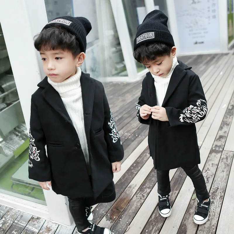 Новое зимнее длинное шерстяное пальто для мальчиков детское 2019 Длинный блейзер