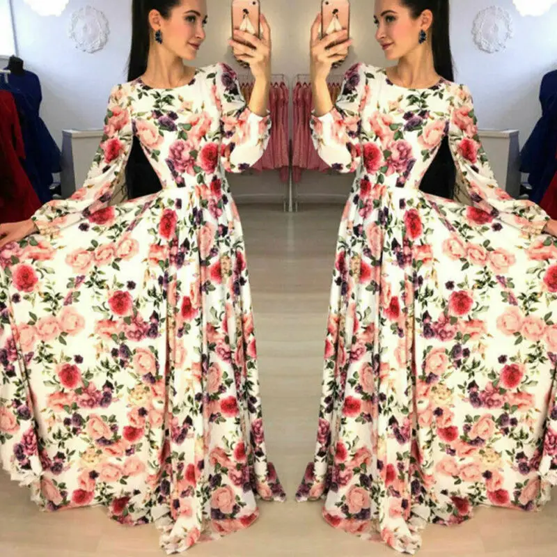 2019 Women's Boho Floral Long Dress Ladies Evening Party Beach Dresses Autumn Spring Sundress Vestito Lungo Females Hot Dress