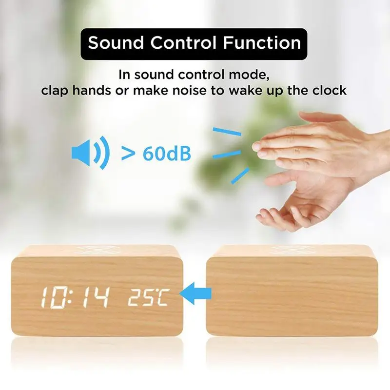 Wooden Alarm Clock With Qi Wireless Charging Pad Compatible With For
