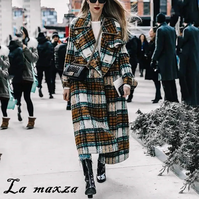 

Vintage Casual Plus Size Wool Coat Women Plaid Korean Style Designers Loose Ladies Coat