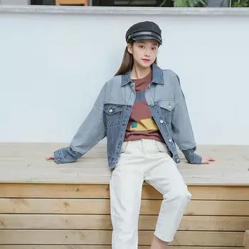 

Fall Women Casual Turn-Down Collar Denim Jackets Short Single-Breasted Patchwork Jackets Loose Pockets Jackets Coat