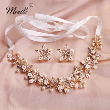 

Miallo Fashion Gold Flowers Headband with Earrings Austrian Crystal Pearls Wedding Hair Jewelry Handmade Bridal Headpieces