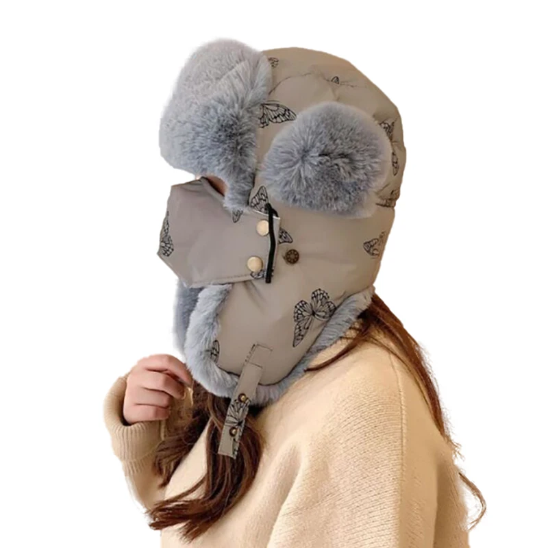 

RUHAO 2020 New Winter bomber hat Women's butterfly pattern reflective riding ski cap Russia plus velvet padded earmuffs warm cap