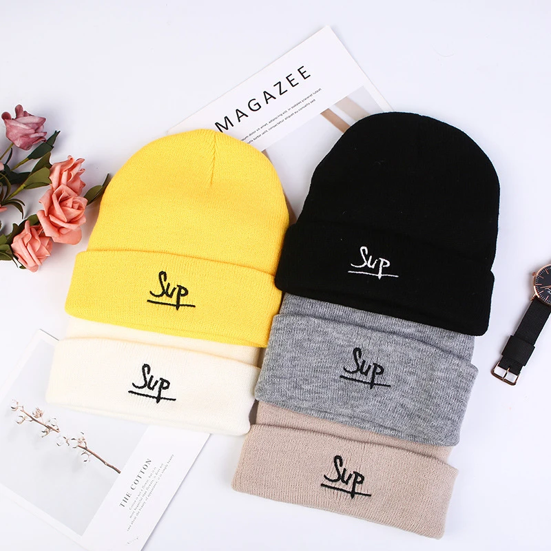 White Black Grey Simple Winter Hats for Woman Letter Sup Embroidery Knitted Caps Man Autumn Hat Female Hip-hop Beanie Bonnet