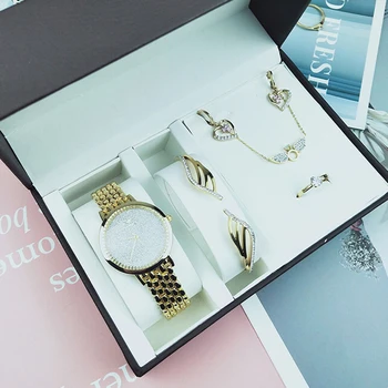 

Women Creative Simple Watch 5Pcs Bracelet Necklace Earrings Ring Set Female Zircon Jewelry Sets Fashion Quartz Watch Lady's Gift