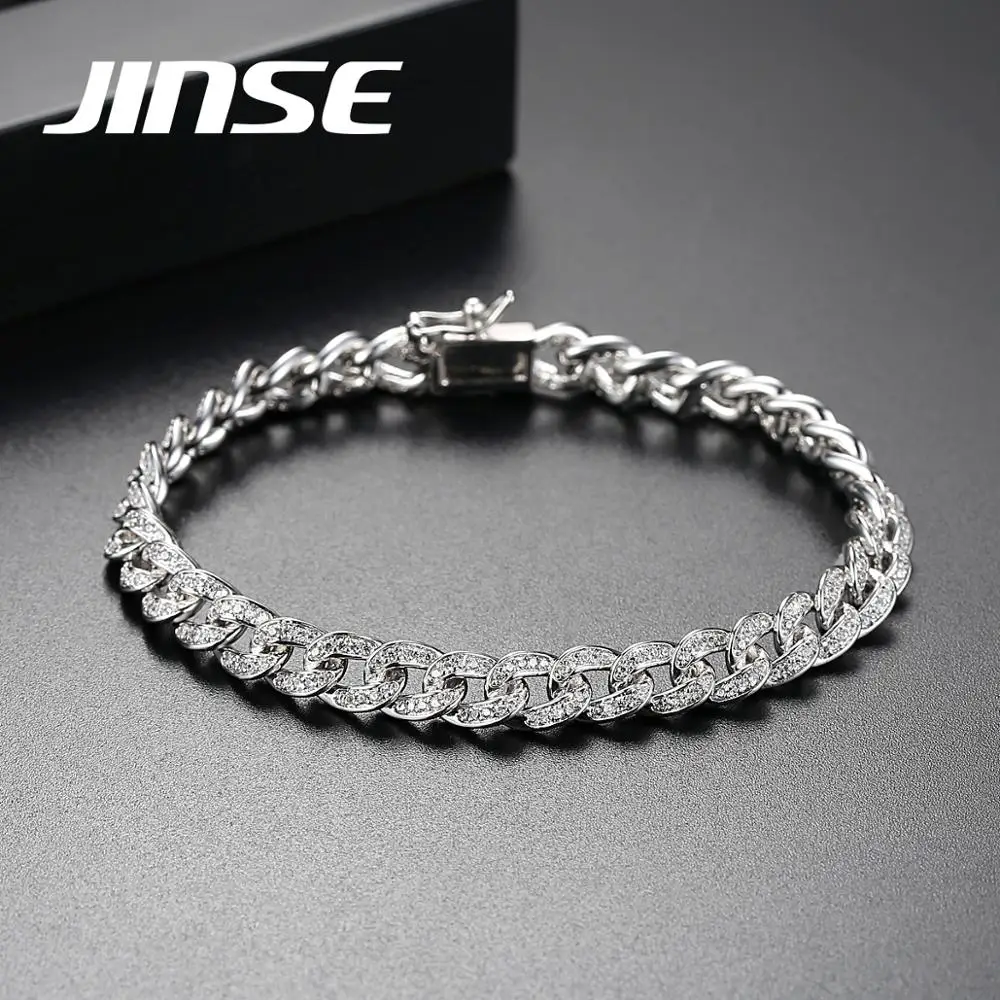 JINSE 6 мм со льдом Циркон Майами в Кубинском стиле звеньевые Браслеты& Браслеты для мужские, женские в стиле хип-хоп серебристого цвета Цвет камнями Bling Браслеты Ювелирные изделия 17/19 см