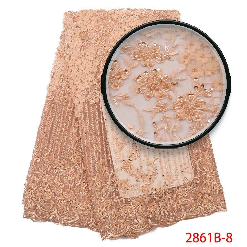 3d цветок французская кружевная ткань модная ткань с вышивкой ручной работы из бисера чистая элегантная персиковая нигерийская кружевная с жемчужным бисером XZ2861B-5