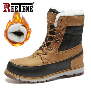 

REETENE Leather Men Boots Winter With Fur Waterproof Male Ankle Boots Warm Plush Men'S Snow Boots Winter Work Casual Shoes Man