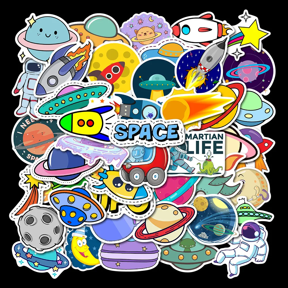 50pcs/Pack Cartoon UFO  outer space DIY Stickers Waterproof  For Skateboard Guitar Luggage  Kids Toys wall decal stickers warhammer 40 000 space wolf sentry gun pack