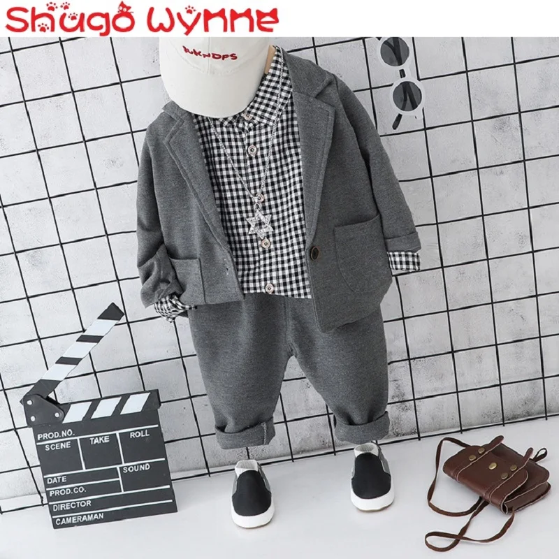 

Autumn Boy Baby Long-Sleeved Plaid Shirt + Solid Color Cotton Trousers Children's Casual Suit British Handsome Three-Piece Sets