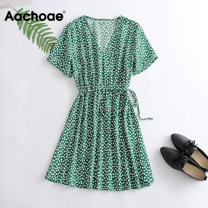 Aachoae Casual V Neck Floral Print Dress Women Summer 2020 Short Sleeve Mini Dress With Belt Beach Dress Sundress Robe Femme Aachoae Casual V Neck Floral Print Dress Women Summer 2020 Short Sleeve Mini Dress With Belt Beach Dress Sundress Robe Femme