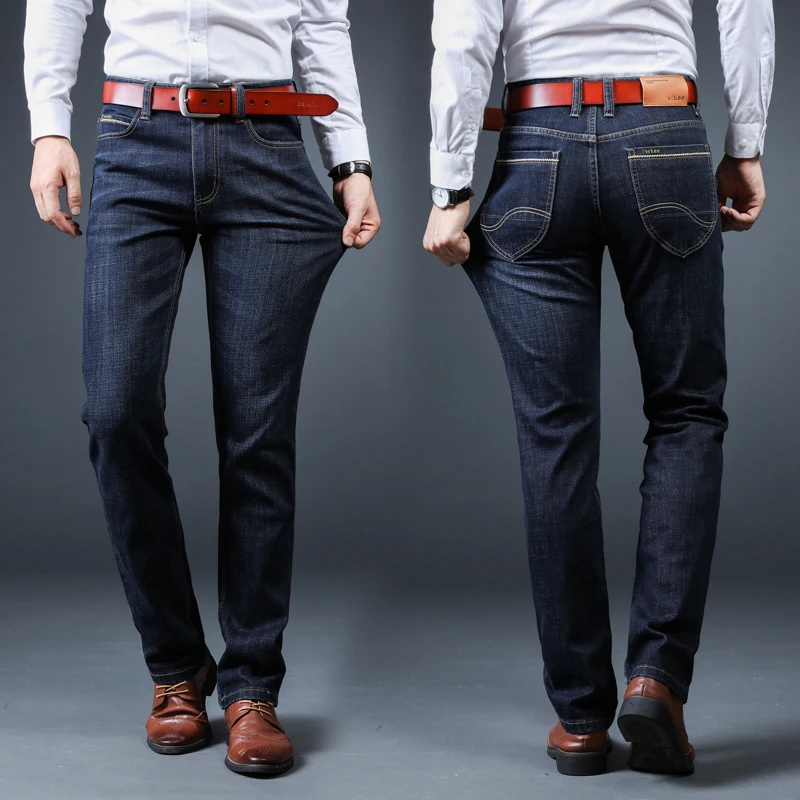 80% OFF Men's Blue Jeans Business Fashion Classic Style Elastic Slim Trousers Jeans Male Simple Casual Pant Slim Fit Straight Leg Medium