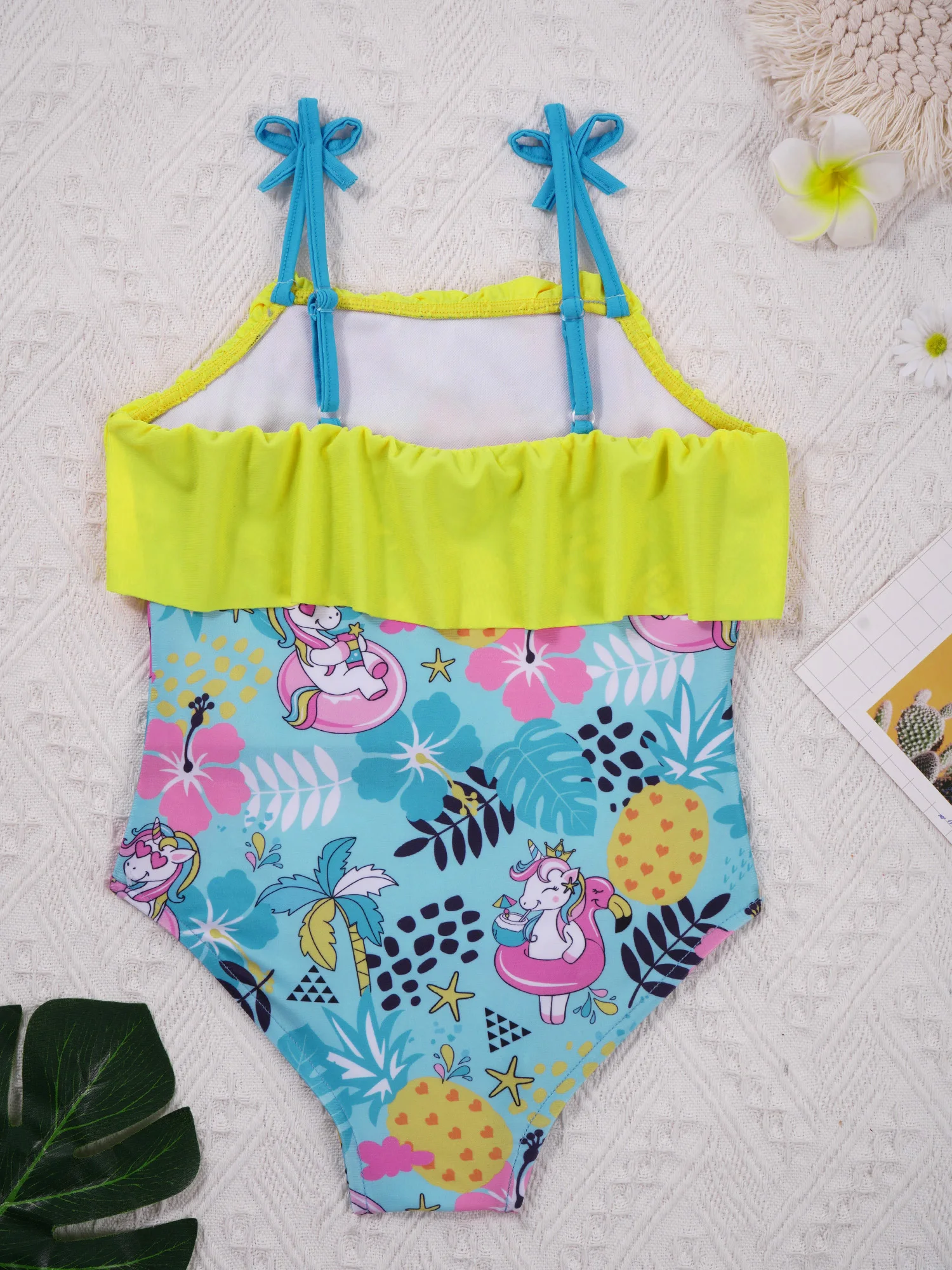 TiaoBug Cartoon Kids Girls One-Piece Swimming Jumpsuit Straps Off Shoulder Ruffle Trim Bodysuit Beach Pool Swimming Bathing Suit